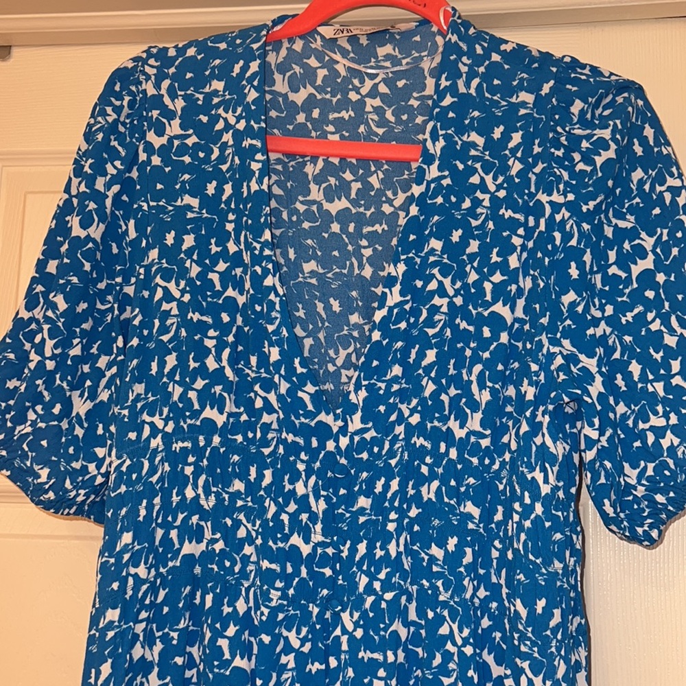 zara deep v blue floral midi dress, size xl